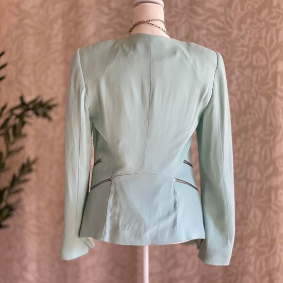 Zara Baby Blue Office Siren Open Front Drape Lapel Blazer Zipper Detail Size XS - Picture 3 of 8
